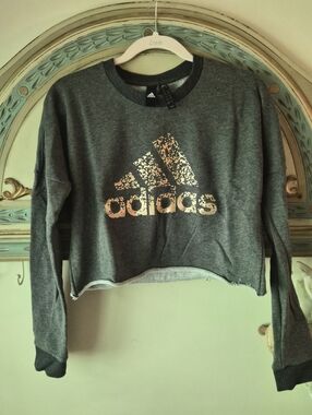 Adidas Gray Cropped Sweatshirt with Metallic Logo